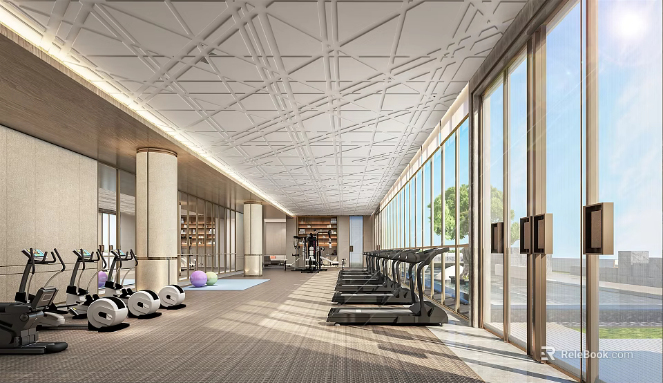 Spacious Modern Fitness Gym Interior With Treadmills Workout Machines Large Windows And Natural Light 3d model 