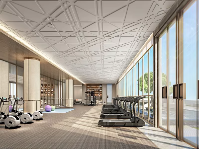 Spacious Modern Fitness Gym Interior With Treadmills Workout Machines Large Windows And Natural Light 3d model