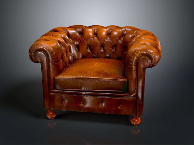 Classic Brown Leather Single Seater Sofa With Tufted Design Rolled Arms And Wooden Legs 3d model