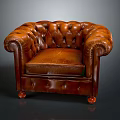 Classic Brown Leather Single Seater Sofa With Tufted Design Rolled Arms And Wooden Legs