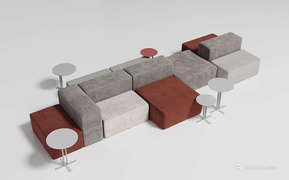 Casual Modular Sofa Set With Neutral Warm Tones And Small Round Side Tables 3d model 