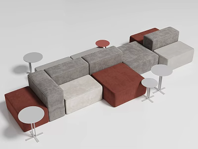 Casual Modular Sofa Set With Neutral Warm Tones And Small Round Side Tables 3d model