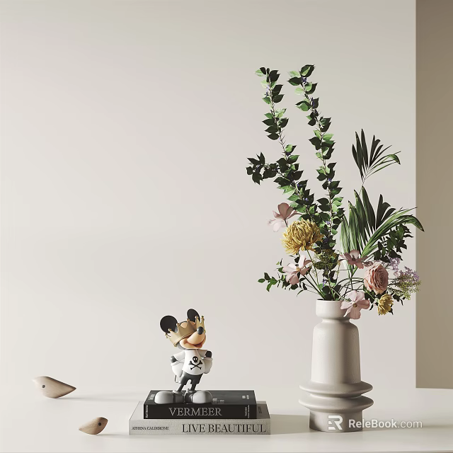 Modern Bedside Table Decor With Floral Vase Green Plants And Decorative Figurine 3d model 