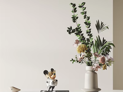 Modern Bedside Table Decor With Floral Vase Green Plants And Decorative Figurine 3d model