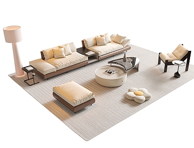 Modern Sofa Coffee Table Combination Multi-person Sofa Coffee Table Single Leisure Chair Sunflower Pillow Floor Lamp Carpet Side Table Accessories 3d model