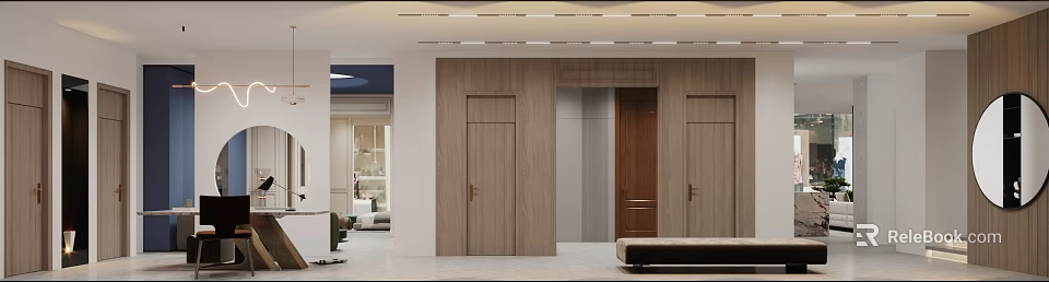 Modern Showroom Interior Featuring Wooden Doors And Product Display Sections 3d model 