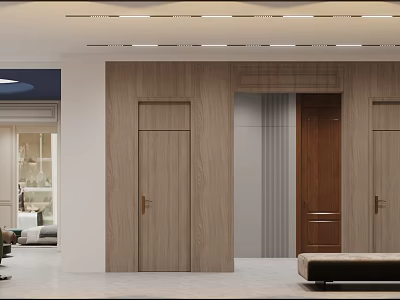 Modern Showroom Interior Featuring Wooden Doors And Product Display Sections 3d model
