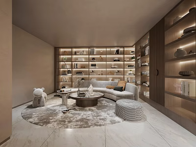 Modern Living Room With Built In Shelves Cozy Sofa And Round Rug 3d model