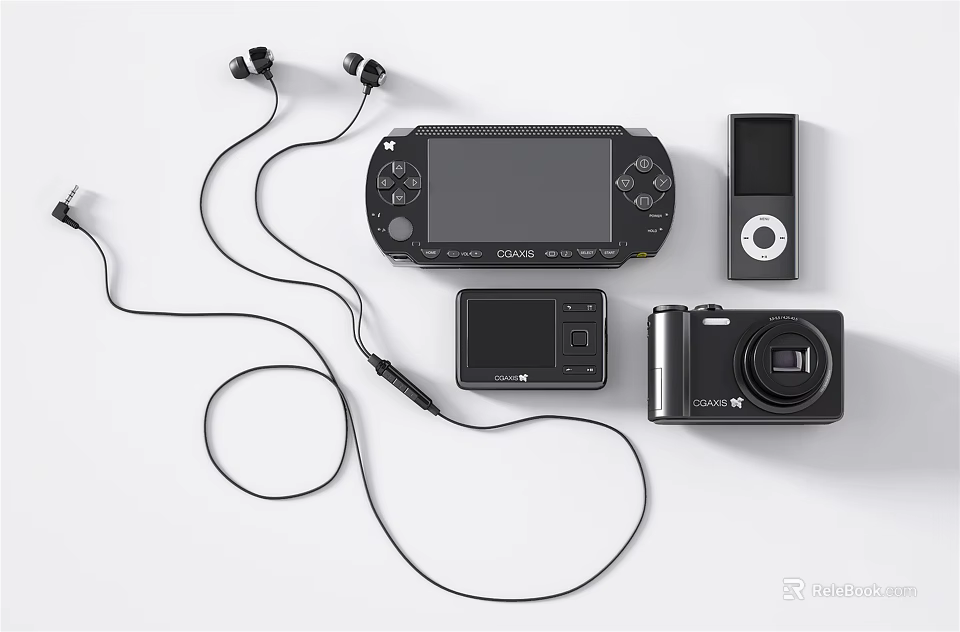 Modern Portable Entertainment Electronics Featuring Headphones Game Console MP3 Player And Digital Camera 3d model 