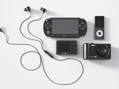 Modern Portable Entertainment Electronics Featuring Headphones Game Console MP3 Player And Digital Camera 3d model