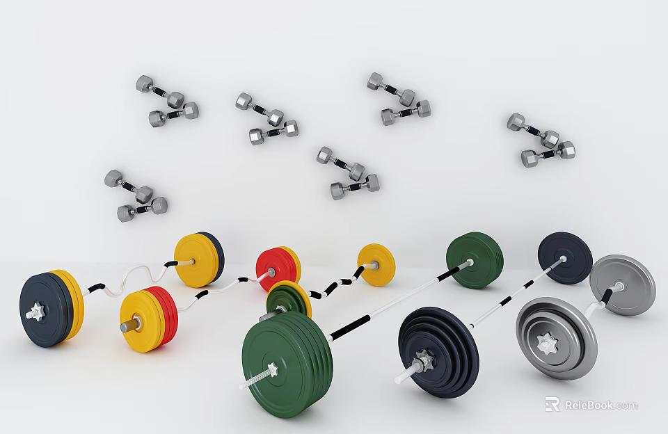 Colorful Dumbbells And Barbell Plates With Various Weights For Home Gym Fitness Training 3d model 
