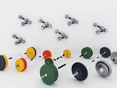 Colorful Dumbbells And Barbell Plates With Various Weights For Home Gym Fitness Training 3d model