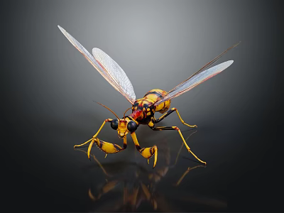 Yellow and Black Flying Insect With Transparent Wings Wasp-like On Dark Background And Reflective Surface 3d model