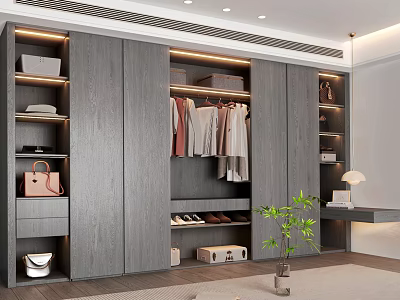 Modern Gray Wardrobe Interior With Clothing Rack Drawers Shelves Handbag Shoes And Plant Decoration 3d model
