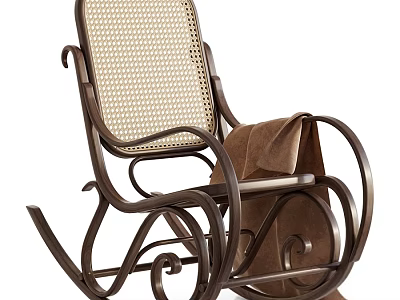 Stylish Metal Frame Rocking Chair With Rattan Back And Blanket 3d model