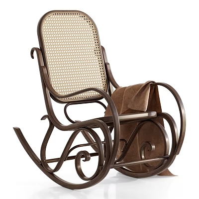 Stylish Metal Frame Rocking Chair With Rattan Back And Blanket 3d model