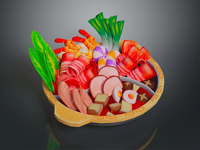Colorful Hot Pot With Assorted Fresh Ingredients Including Meat Slices Vegetables And Tofu 3d model