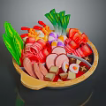 Colorful Hot Pot With Assorted Fresh Ingredients Including Meat Slices Vegetables And Tofu