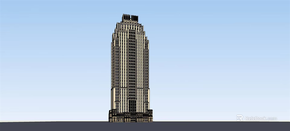 Exterior View Of Modern Skyscraper With Glass Windows And Unique Top Design Against Blue Sky 3d model 