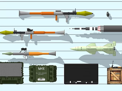 Various Weapon Types Including Rocket Launchers Missiles And Fighter Jet Model With Ammunition Boxes 3d model