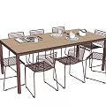 Rectangular Wooden Dining Table Set With Metal Mesh Chairs And Tabletop Items 3d model