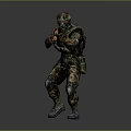 Camouflaged Armored Game Movie Character Holding Rifle in Combat Stance with Tactical Gear