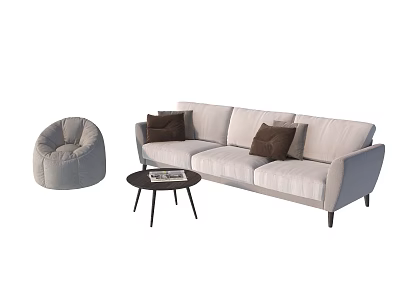 Light Colored Sofa with Brown Cushions Round Black Coffee Table and Bean Bag Set 3d model