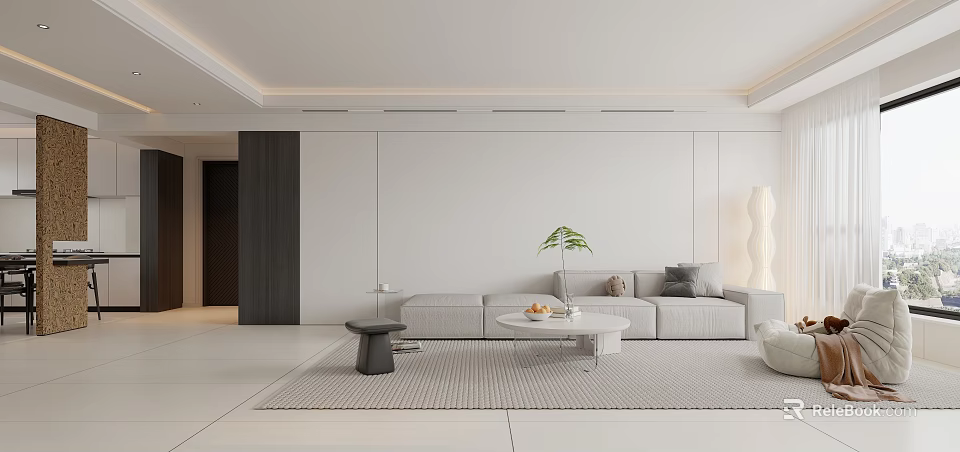 Modern Open Concept Living Dining Room With White Gray Sofa Coffee Table Plant And Rug 3d model 