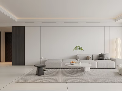 Modern Open Concept Living Dining Room With White Gray Sofa Coffee Table Plant And Rug 3d model