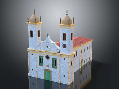 Historic Building With Twin Towers Yellow Domes Blue Walls Red Roof And Green Door 3d model