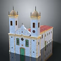 Historic Building With Twin Towers Yellow Domes Blue Walls Red Roof And Green Door
