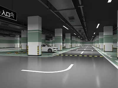 Well lit Indoor Parking Garage With White Car Parking Lines And Concrete Columns 3d model