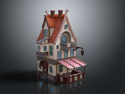 Charming Cartoon Scene With Cute Small House White Walls Red Brown Roof And Striped Awning 3d model