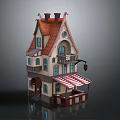 Charming Cartoon Scene With Cute Small House White Walls Red Brown Roof And Striped Awning