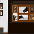Equestrian Themed Wall Display Featuring Black White Horse Photos Golden Tack Leather Gloves Whips
