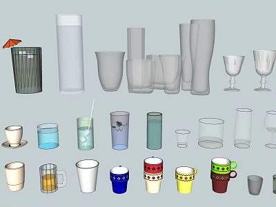 Various Types Of Cups With Different Designs Glass Ceramic Materials Transparent And Colorful Patterns 3d model