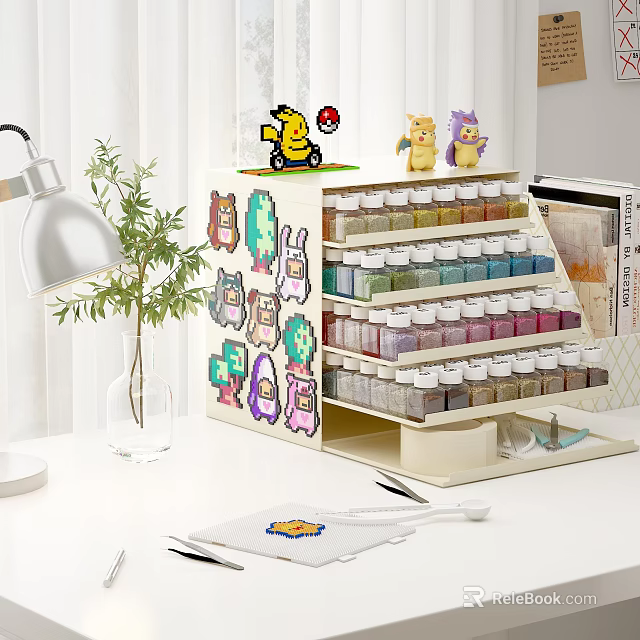 Building blocks storage shelf with cartoon stickers and Pokemon figures holding paint bottles on desktop 3d model 