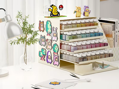 Building blocks storage shelf with cartoon stickers and Pokemon figures holding paint bottles on desktop 3d model
