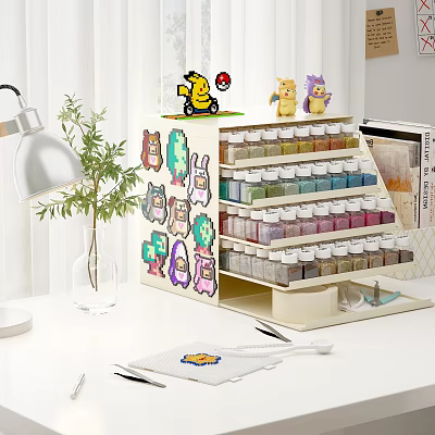 Building blocks storage shelf with cartoon stickers and Pokemon figures holding paint bottles on desktop 3d model