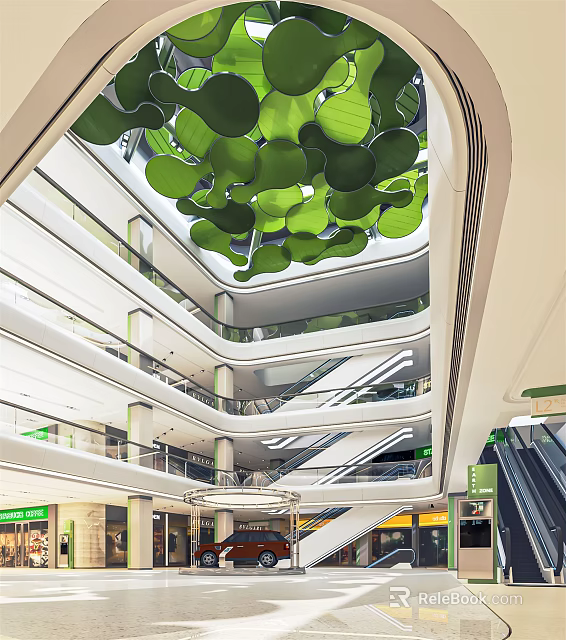 Modern Shopping Mall Lobby Interior With Green Leaf Ceiling And Escalators 3d model 