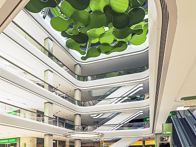 Modern Shopping Mall Lobby Interior With Green Leaf Ceiling And Escalators 3d model