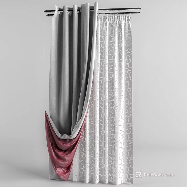 Gray And White Patterned Curtains With Red Accent And Elegant Drape Design 3d model 