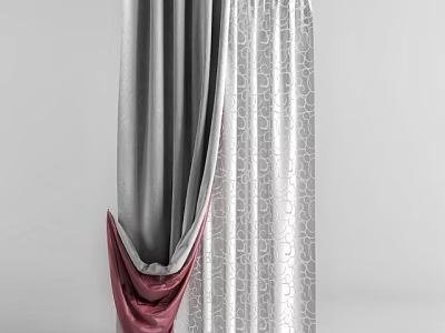 Gray And White Patterned Curtains With Red Accent And Elegant Drape Design 3d model