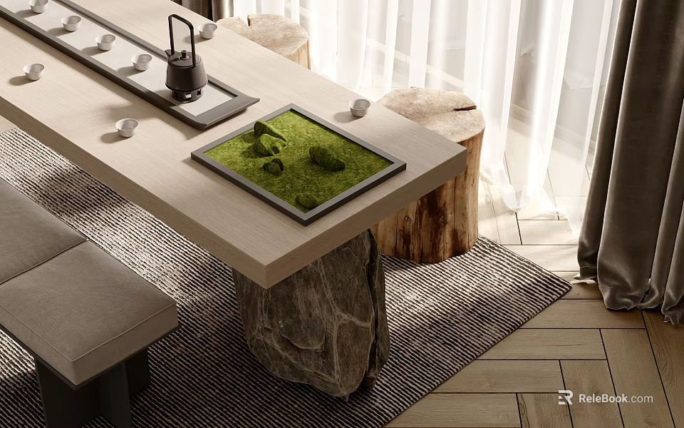 Natural Tea Table Set With Stone Base Wooden Stump Stools Tea Set Green Moss Tray 3d model 