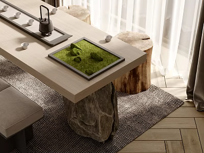 Natural Tea Table Set With Stone Base Wooden Stump Stools Tea Set Green Moss Tray 3d model