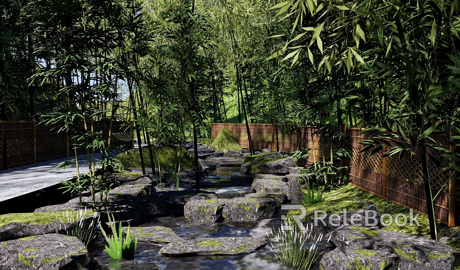 Modern New Chinese Waterfront Landscape Modern Bamboo Forest Stream Park Bamboo Forest Creek Valley Stream Bamboo Forest Ecological Bamboo Forest Tour Trail Wetland Tidal Flat River model