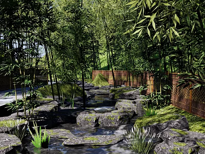 Serene Waterfront Landscape With Bamboo Forest Stream Stones And Wooden Fence 3d model