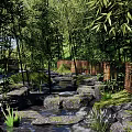 Serene Waterfront Landscape With Bamboo Forest Stream Stones And Wooden Fence