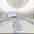 Modern Waiting Area Interior With Blue Seats Black TV Wall Posters And Ceiling Lights