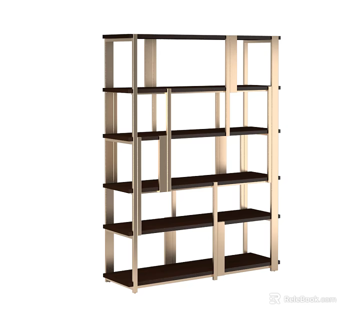 Modern Open Shelf Bookcase With Metal Frame And Dark Wood Shelves 3d model 